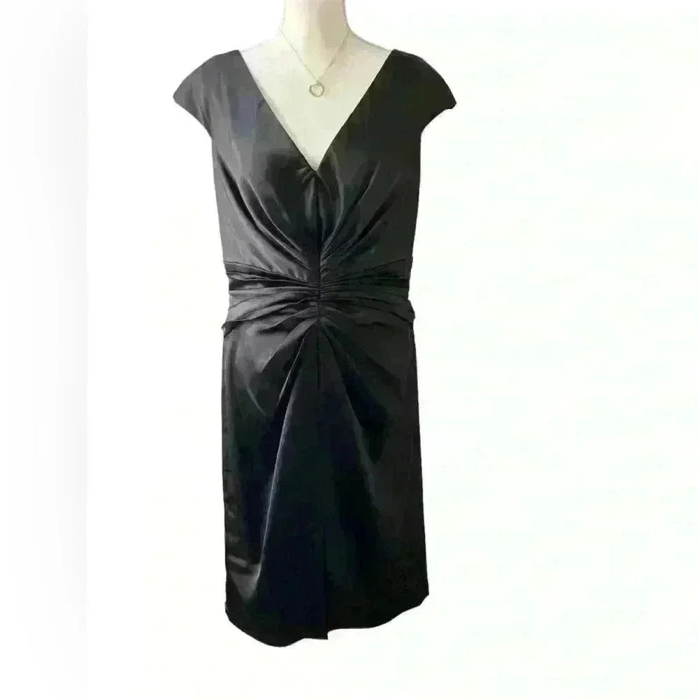 Black satin Tadashi collection cap sleeve midi dress with front slit